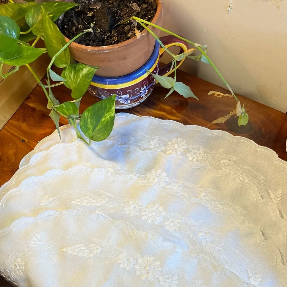 White Linen Oval Placemats Set of 4  Shaped White Floral Embroidery Grandma core